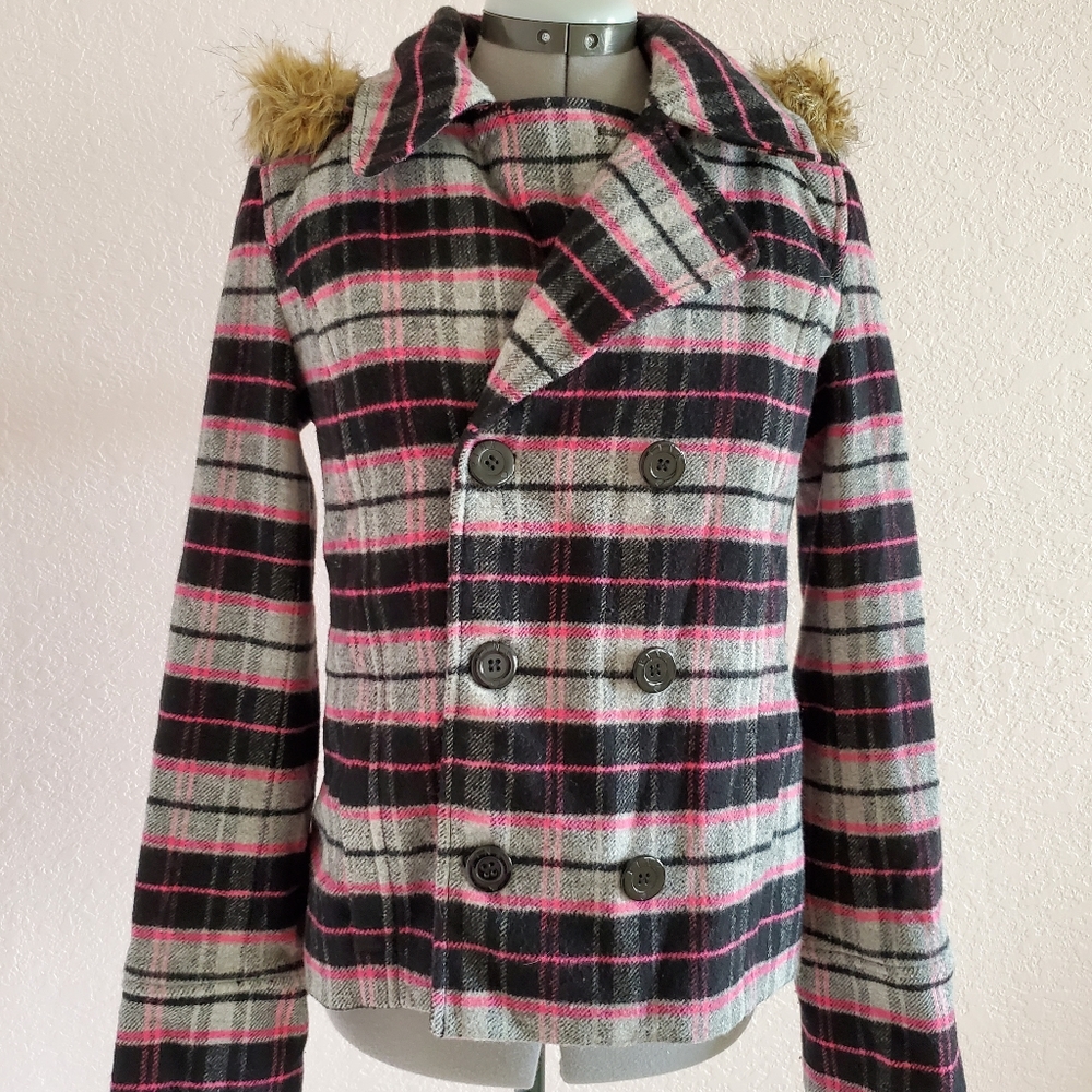 PINK Plaid winter pea coat